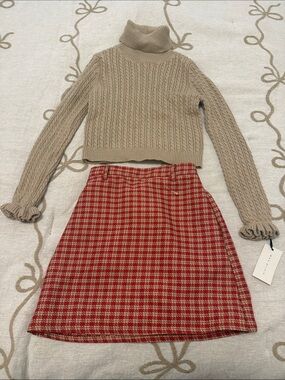 Max Studio Red and Tan Houndstooth A-Line Skirt Set